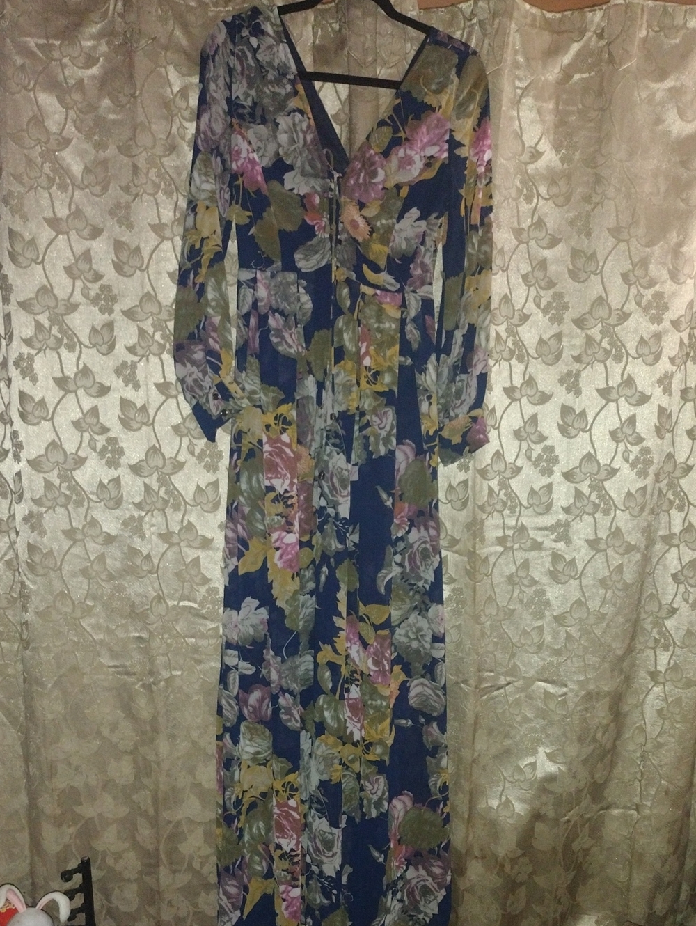She + Sky Navy Floral V-Neck Maxi Dress with Pink & Green Accents